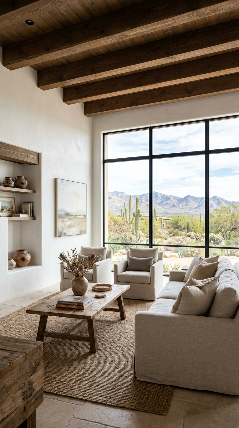 A bright Arizona living room with wood beams and large windows overlooking the desert