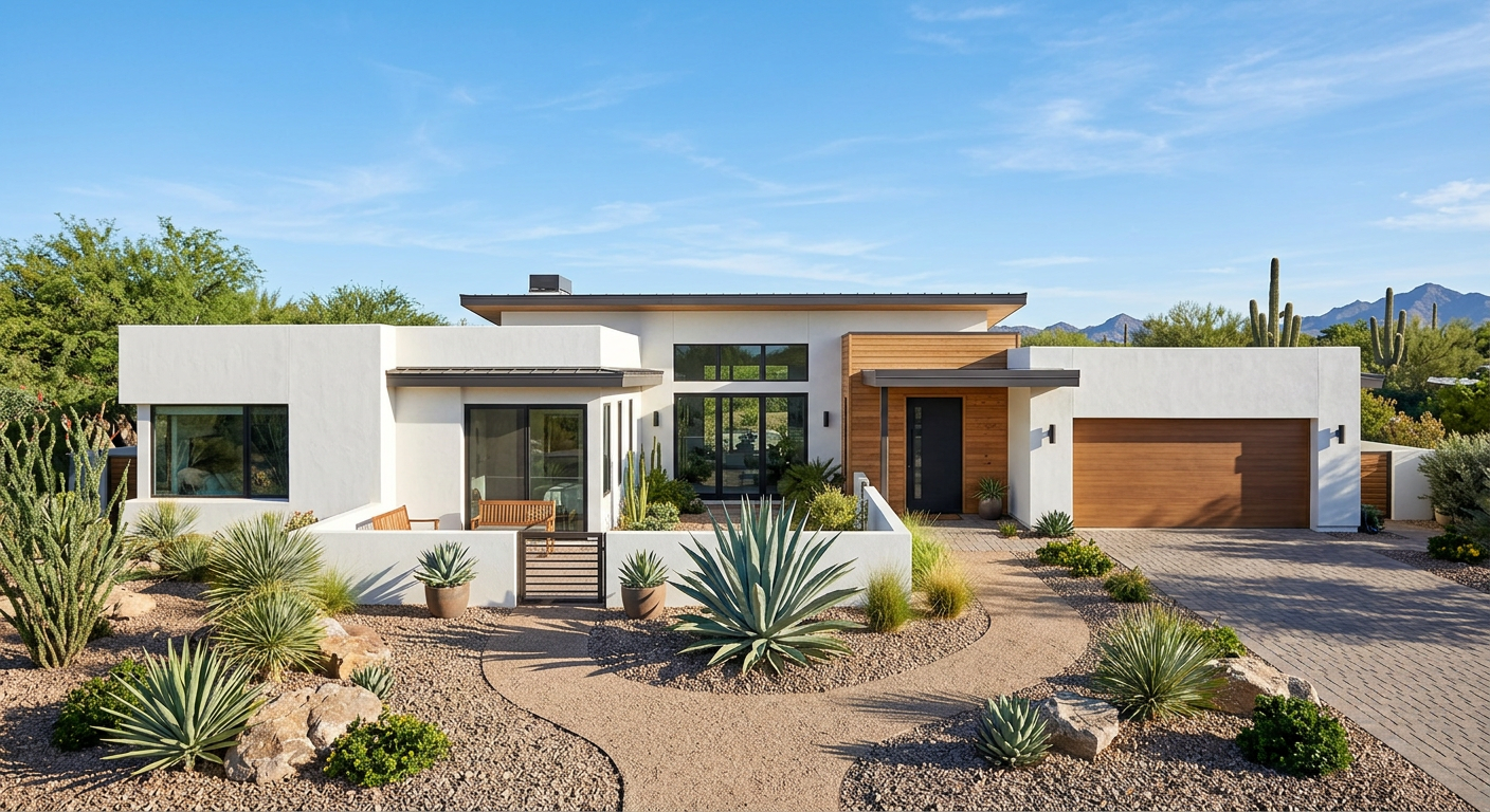 A well-kept single-story desert modern home in Phoenix with agave landscaping