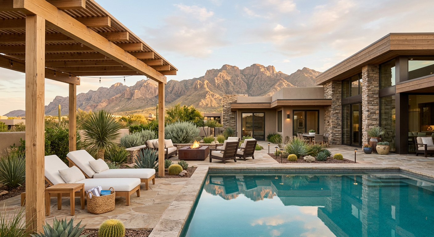 A vacation home patio with lounge chairs beside a turquoise pool and mountain views
